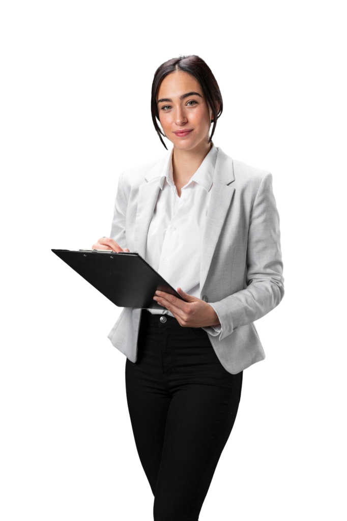 portrait female lawyer formal suit with clipboard